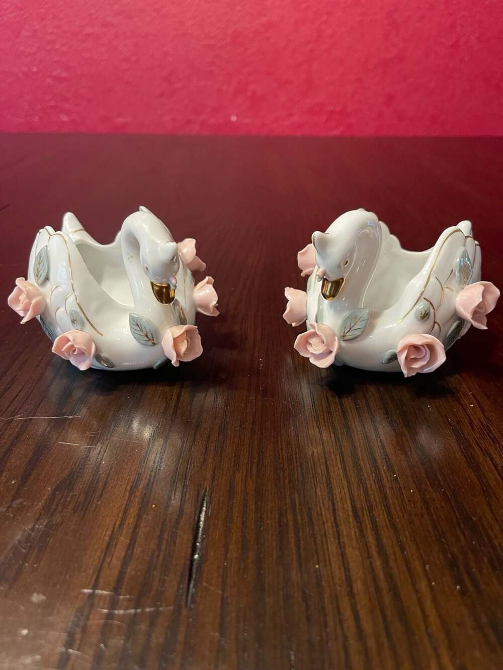 Pair of Vntg Andrea by Sadek Porcelain Swan Trinket Dishes w/Applied Pink Roses